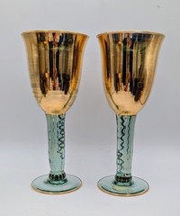 Laurie Gates Gold Goblets Pair Aqua Stem Hand Painted Metallic Wine Glasses 8.5”
