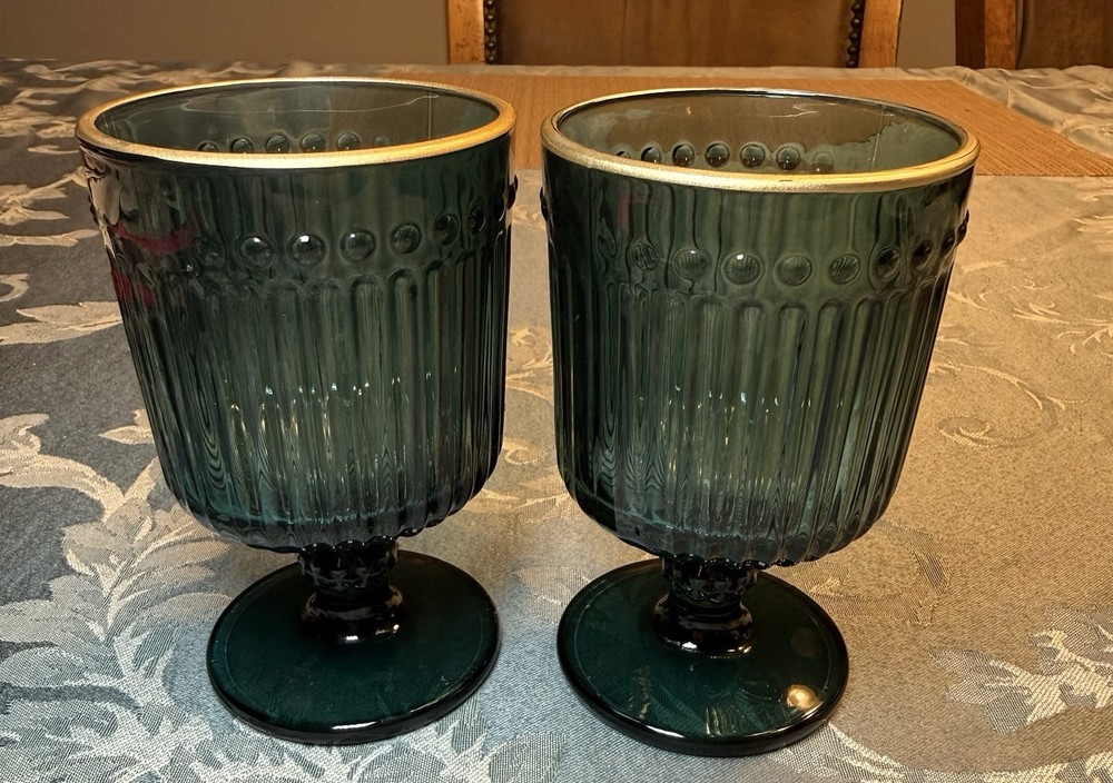 Set of 2 Vintage Teal Blue-Green Ribbed Footed Goblets Gold Rim 4.5” Tall