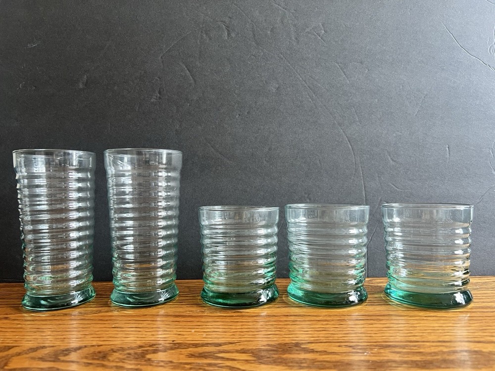 Set of 5 Libbey Sirrus Spanish Green Ribbed Glasses Tumblers Cups