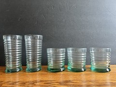 Set of 5 Libbey Sirrus Spanish Green Ribbed Glasses Tumblers Cups