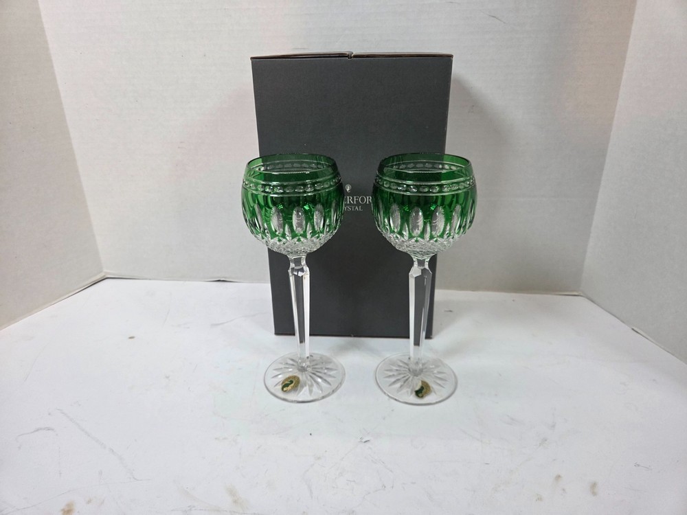 Pair of Waterford Clarendon Emerald Green Hock Wine Glasses signed Tom power