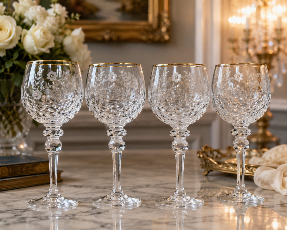 Set of 4 Vtg Rogaska Gallia Crystal Wine Glasses Gold Rim 8″ Etched Floral
