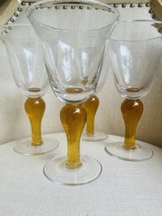Lot of 4Vintage Large blown Glass flared wine goblets Amber bubble stem XL 14oz