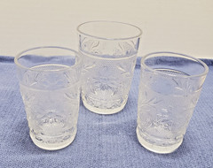 Set of 3 Tiara Sandwich Glass Clear Juice Tumblers , 2-3.50″ Tall 1-3.75″ Tall