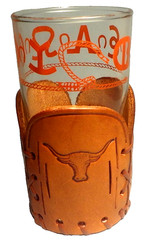 Vintage LIBBEY BAMCO high ball GLASS with TOOLED LONGHORN LEATHER HOLDER- (1of4)