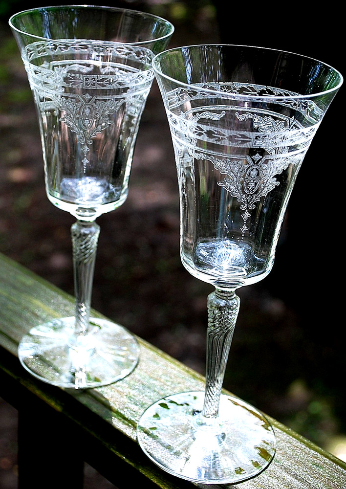 Vtg DECO Set 2 Morgantown CORINTH Water Goblets OPTIC ETCH 767 Stem 7654 c1931