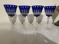 Set Of 4 Blue Crystal Wine Glasses Goblets