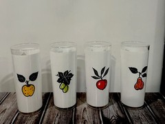 4 Vintage T. Elliot Mid Century High Ball Drinking Glasses Fruit Design Frosted