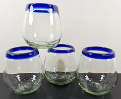 (4) Pier 1 Cobalt Rim Stemless Wine Glasses Set Clear Mexican Hand Blown Art Lot