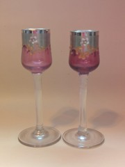 Antique Bohemian Cranberry Enamel Cordial Glasses Gilt Floral Pair Liqueur