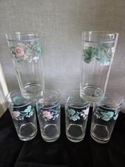 Vtg Kensington By Mervyn’s Tall Pink, Blue Green Floral Glass Tumblers Lot Of 6