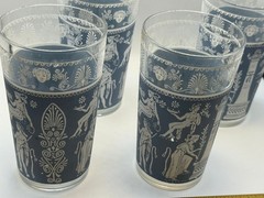 Set 4 Greek Revival Highball Glasses Tumblers Blue White Silver Figural Motif