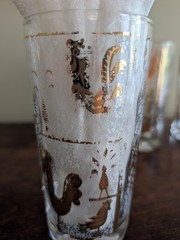 Vintage Mid Century Set Of 6 Gold Embossed Tumblers/Glasses w/Roosters 10 oz.