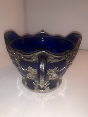 Dugan Diamond Glass Maple Leaf Cobalt Blue EAPG Sugar Bowl w Silver Filigree