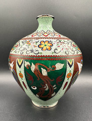 RARE Stunning Contemporary Asian Porcelain Vase w/Silver Rim Brown Multi Colored