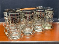 Set of 8 Dorothy Thorpe Silver Fade W/ Grape Design Highball Glasses w/ Carrier