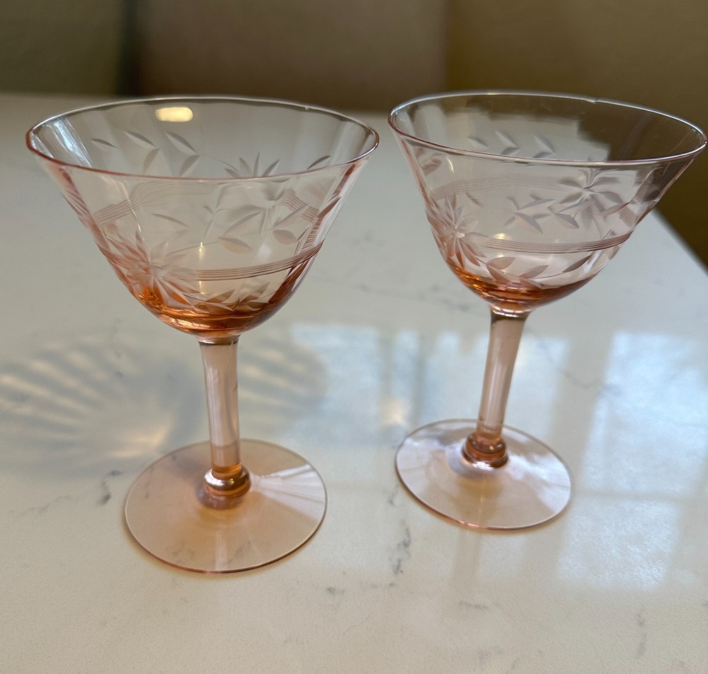 Pink Tiffin Franciscan Glass Panel Optic Etched Champagne Coupe Sherbet Glasses