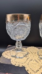 US Glass Comet Pattern Stemmed Goblets Gold Rim Buzz Star Whirligig Set of 5
