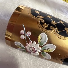 VINTAGE BOHEMIAN 3 CHAMPAGNE ART GLASSES BLACK AND GOLD WITH FLOWERS DECOR