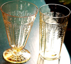 Vtg Set 2 PRINCESS TOPAZ Anchor Hocking DEPRESSION GLASS Flat & Footed Tumblers