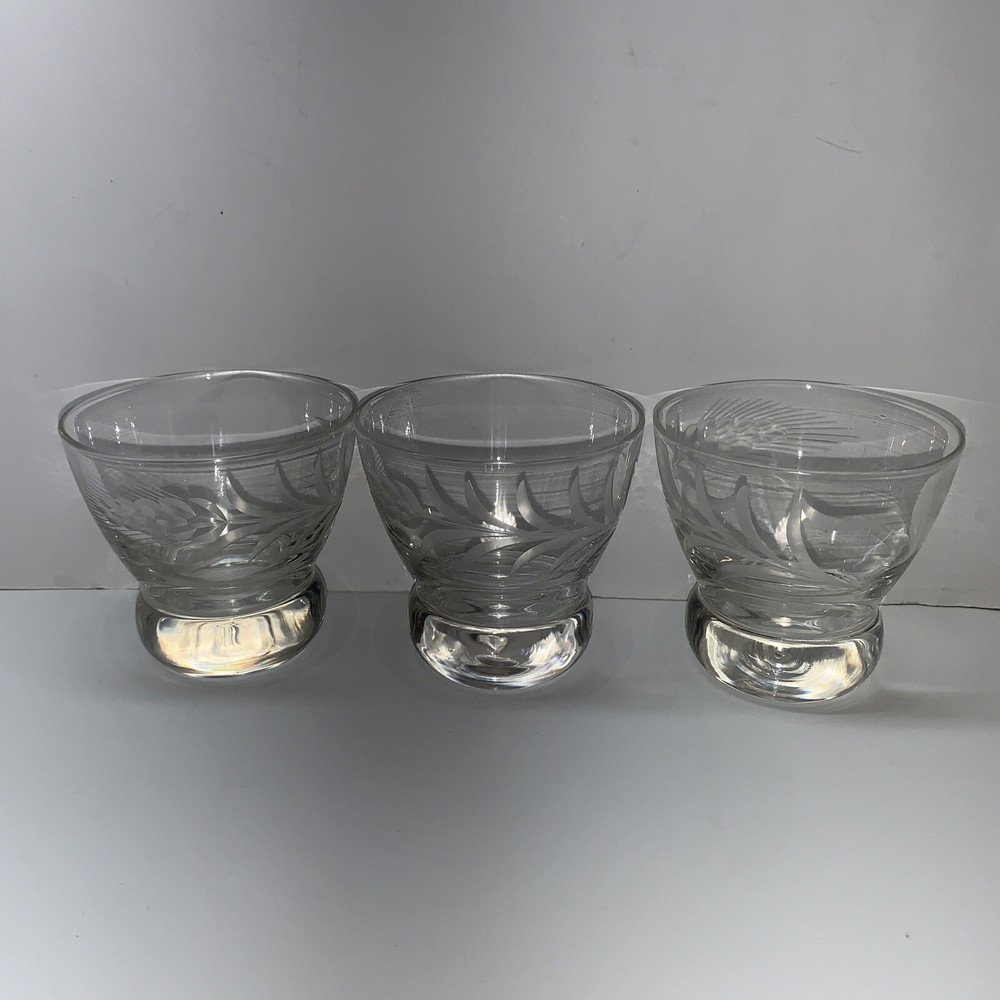 Vintage Set Of 3 Wheat Etched Low Ball Glasses 3” High MCM Heavy Round Bottom
