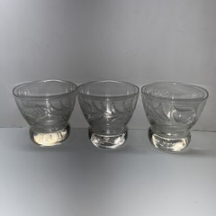 Vintage Set Of 3 Wheat Etched Low Ball Glasses 3” High MCM Heavy Round Bottom