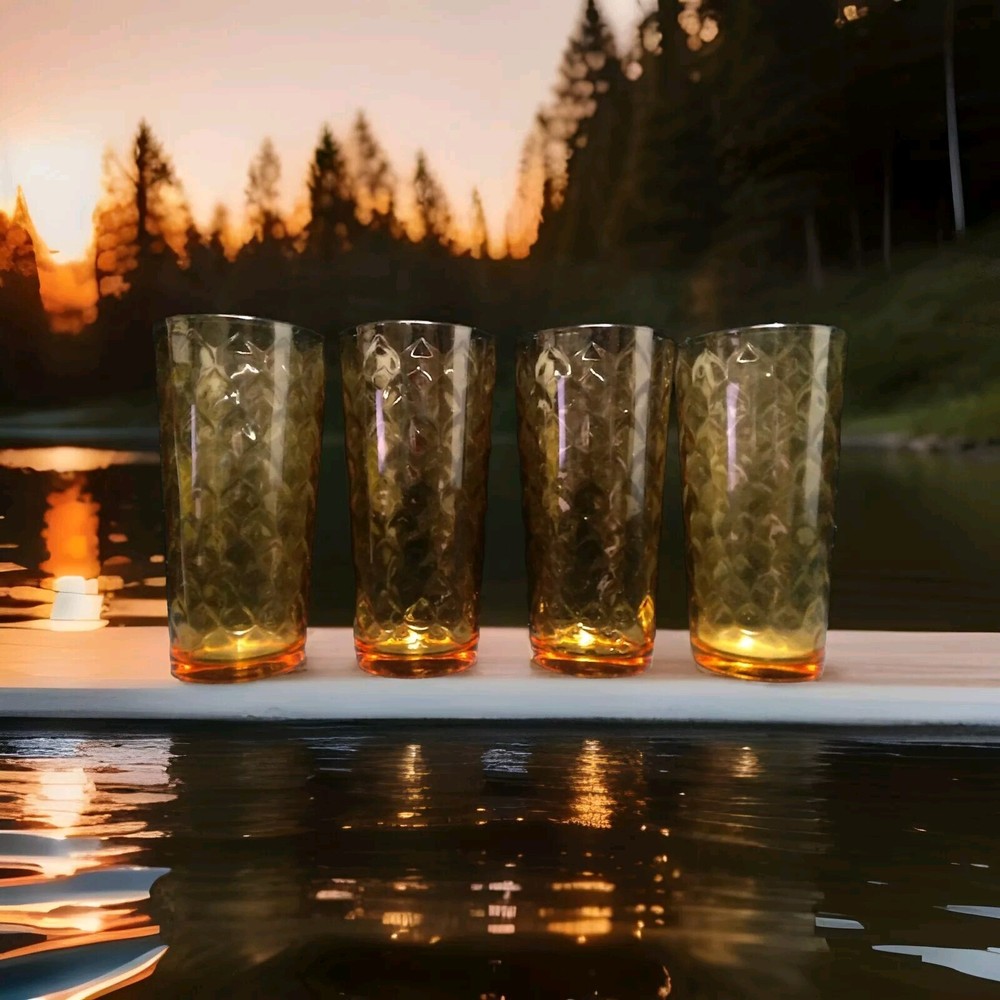 Vintage Tumblers Amber Yellow Glass Diamond Textured Glasses 14oz 6″ H