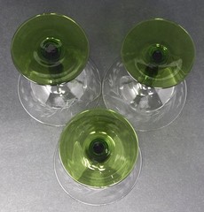 6 Rare Vintage Clear Etched Glass Champagne Glasses Green Stems Leaf Dot Design