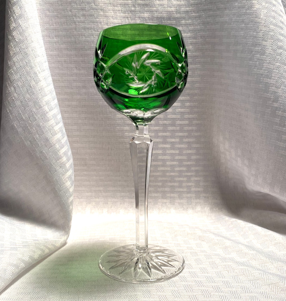 AJKA/FIFTH AVE WINE GLASS EMERALD GREEN CUT TO CLEAR CRYSTAL BOHEMIAN HUNGARY