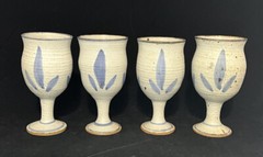 Stoneware Pottery Goblets Wine Glasses Blue And White Set of Four 6.25” Vintage