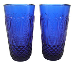 2~Vintage~ROYAL SAPPHIRE~Cobalt Blue~EMBOSSED~Leaf~GLASSES~Tumblers~FRANCE~EC