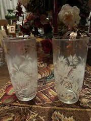 2 Clear Vtg Glasses With White Flowers & Gold Accents