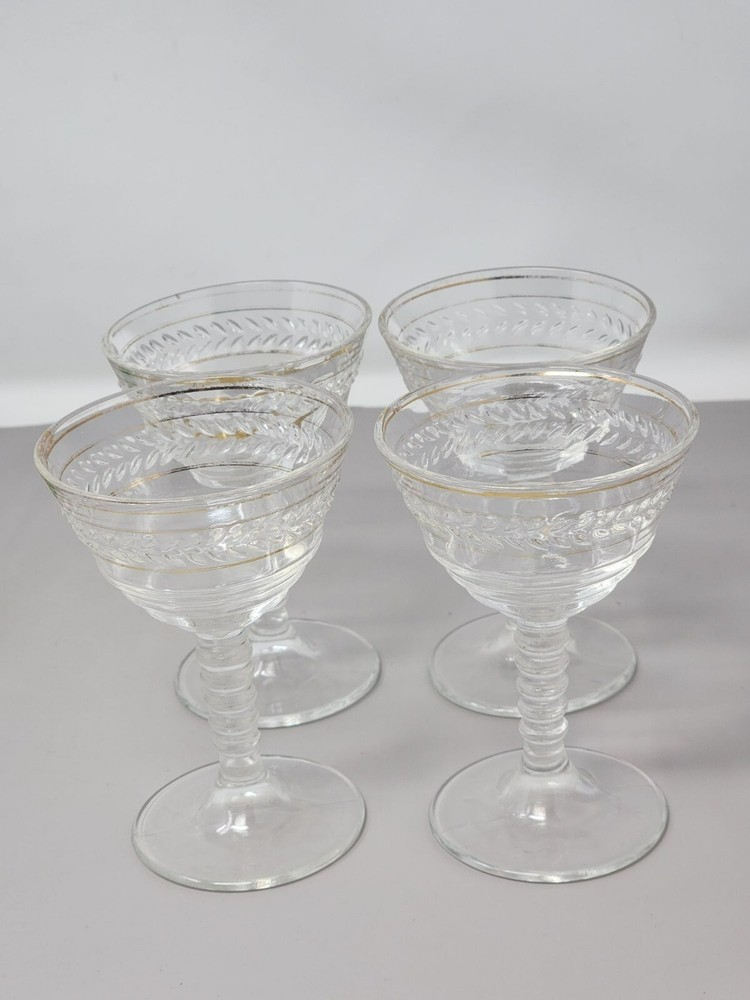 Set Of 4 Vintage Clear Glass Goblets With Gold Trim & Textured Leaf Design