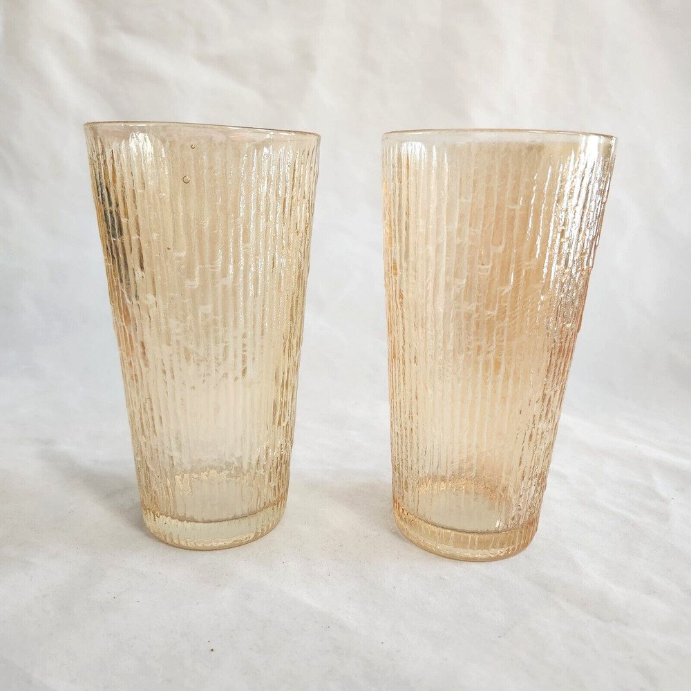 Pair of Jeannette Marigold Carnival Tree Bark Drink Tumblers Barware 14 oz. 6″