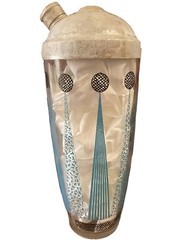 VTG COCKTAIL MIXER/SHAKER GLASS TURQUOISE STRIPES/CIRCLES MOTIF MCM BARWARE 10”H