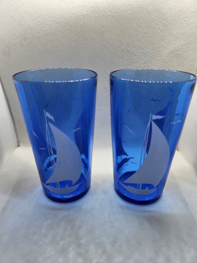 2 Vintage Hazel Atlas Tumblers Cobalt Blue Sailboat Seagulls Glasses 4 7/8″ 8oz