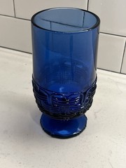 Vintage LE Smith Glass Cobalt Blue Wicker Basket Footed Tumbler Glass