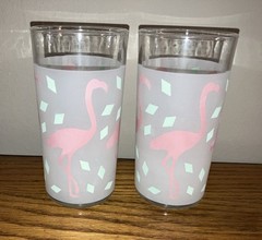 Vintage Set of 2 Fameux Retro Frosted Flamingo Glass Tumblers