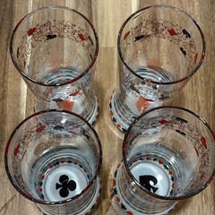 Set Of 4 Vintage MCM Highball Glasses Poker Barware Heart, Diamond Spade & Club