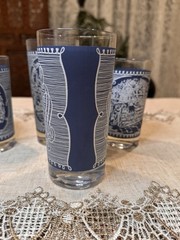 Vintage Currier & Ives Blue Tumblers Set of 4 Mixed Sizes Mid Century Barware