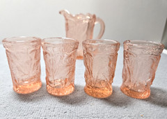 Vintage Summit Miniature Pitcher & 4 Tumblers Pink Glass Peacock Bird Child Set