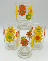 LIBBEY Stickers Flower Power Juice Glass Footed Tumblers 6oz MCM 1970s Set~4