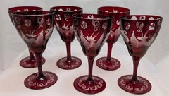 Egermann Czech Bohemian Ruby Red Hand Cut to Clear Cordial Liquor Glass x6