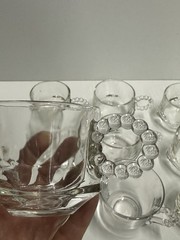 Set 9 Vintage Clear Glass Tea Cups Beaded Handle 1 Double Handle