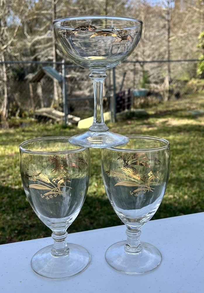3 Gold Wheat Pattern Stemware Glasses Wine Cocktail Champagne Vintage