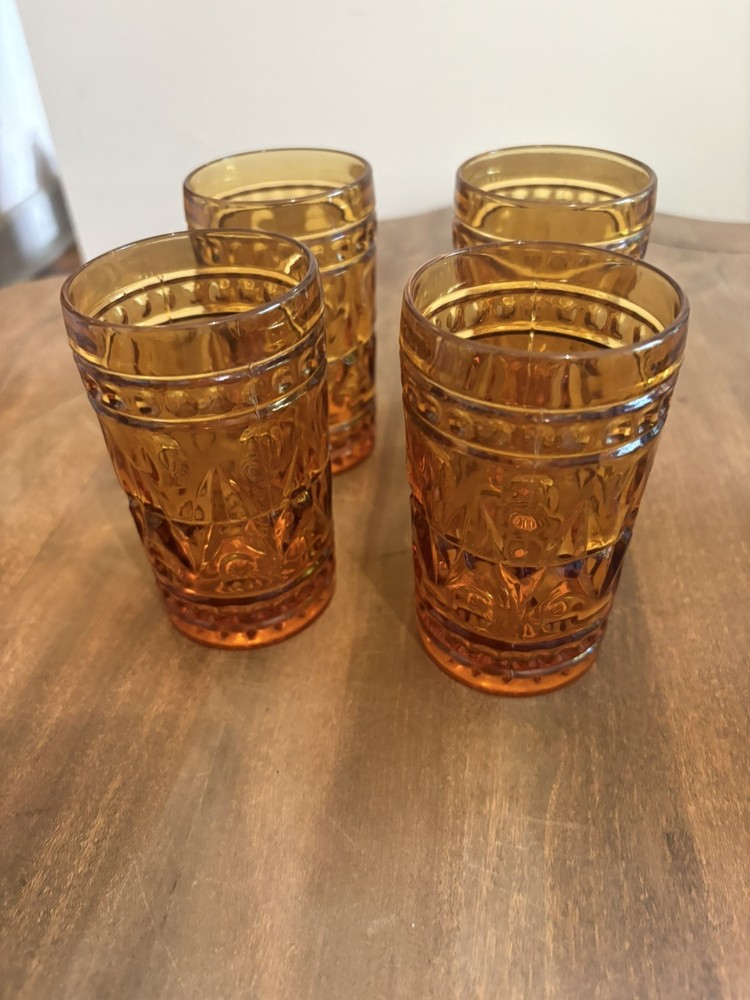 Indiana Glass Colony Park Lane Juice Glasses (4) Amber Gold Starburst MCM Retro