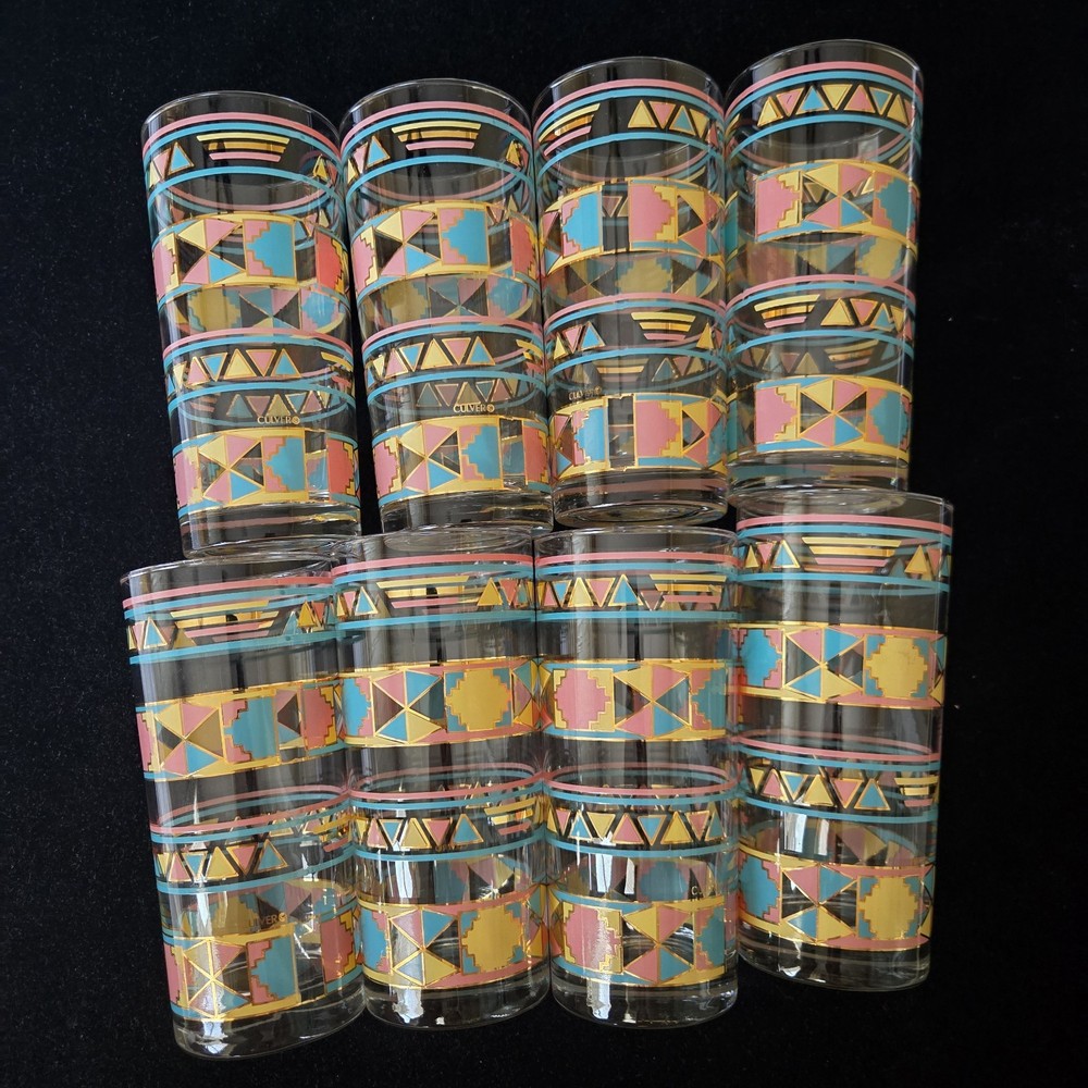 8 Vtg 12oz Culver Southwest Aztec Native American Highball Glasses Glass Juice