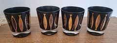 Vtg MCM Fred Press Black Gold Atomic Fish Rocks Whiskey Glasses Set 4 Signed