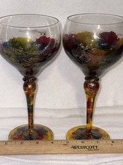 2 Monaco Monarch Crystal Hand Painted Wine Glasses 8.25” Tall Incredible Colors