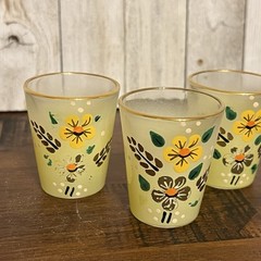 Vintage Set of 3 – Hand Painted Floral Light Yellow Blendo Shot Glasses – Retro